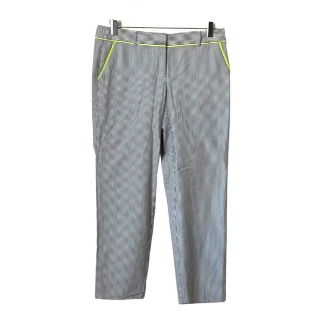 J. Crew Factory Gray Seersucker Striped Cropped Pants w/ Neon Yellow Trim Sz. 6